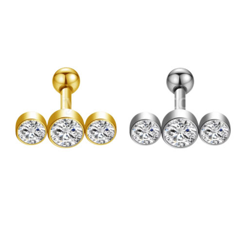 Piercing Barbell Aço Cirúrgico Trio Zircônias Cod 13439