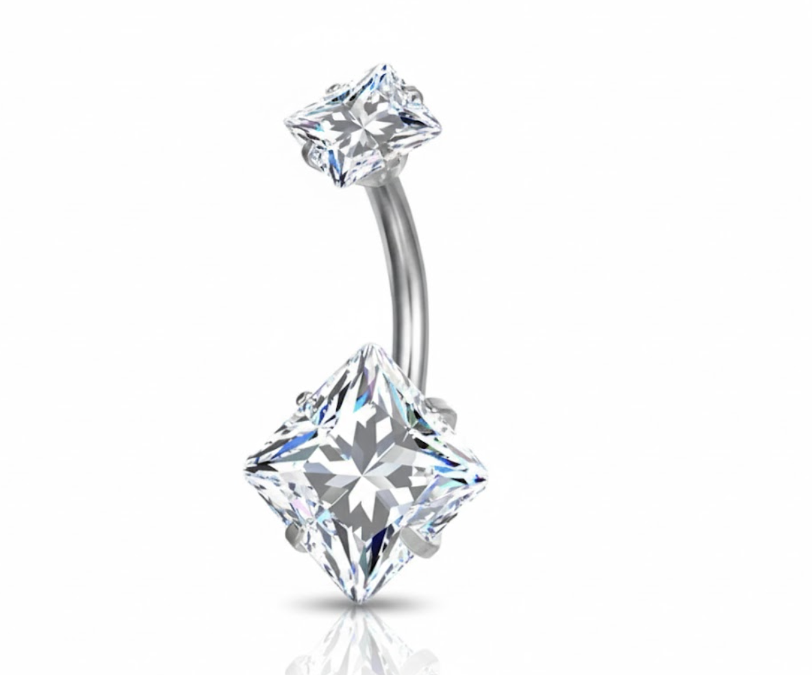 Piercing Aço Cirúrgico Banana 2 Pedras Zircônia Cravejada Quadrada Cod 1065 1066