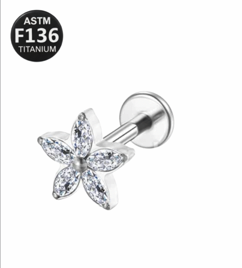 Piercing Labret Titânio Flor Zircônia Cravejada Cod TC125